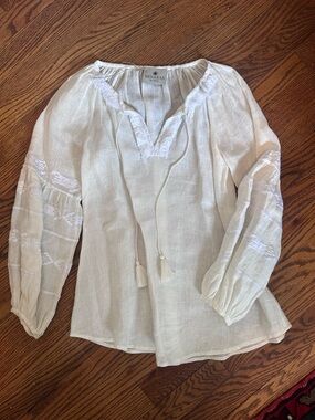 Benaras by Citrus Ivory Embroidered Blouse | Sheer Linen Tunic Top